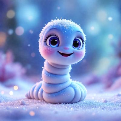 The primary subject of the image is a cute, smiling snowman with a blue face and a pink nose. The snowman is sitting in a snowy environment, surrounded by a white snowy landscape. The visual style of the image is a digital art or illustration, with a vibrant and cheerful atmosphere.